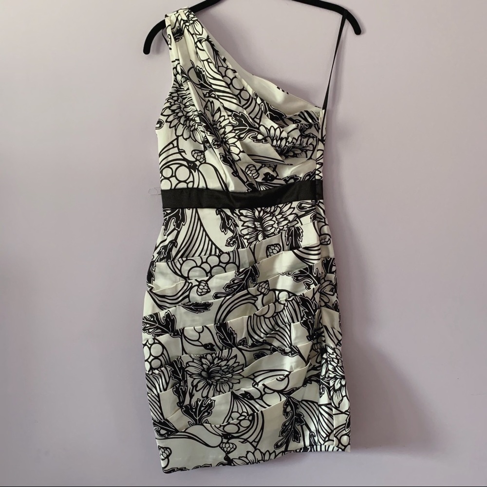 B Darlin One Shoulder Black & White Stain Pleated Dress